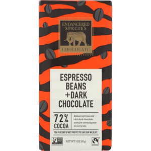 Endangered Species, Dark Chocolate Bars Espresso Beans, 3 Oz