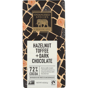 Endangered Species, Natural Dark Chocolate Bar Hazelnut Toffee, 3 Oz(Case Of 12)