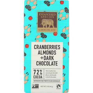 Endangered Species, Chocolate Bar Cranberries And Almonds, 3 Oz(Case Of 12)
