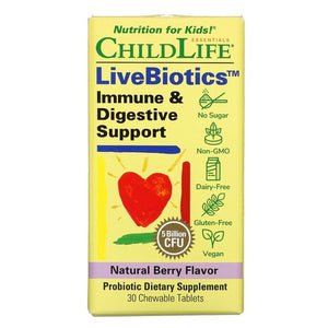 Child Life Essentials, LiveBiotics Immune & Digestive Support, 5 Billion CFU, Natural Berry 30 Tabs