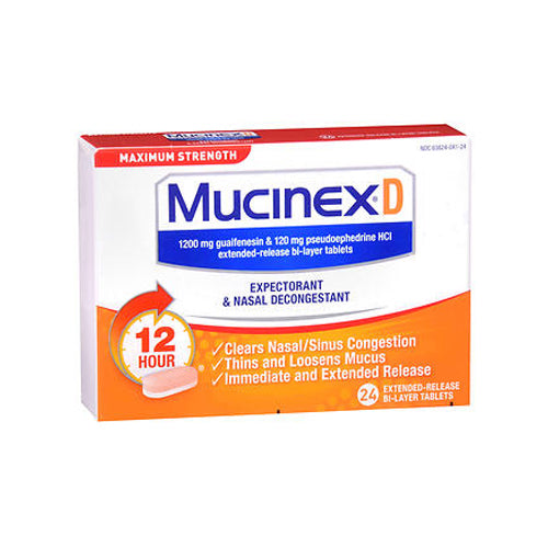 Mucinex, D Expectorant & Nasal Decongestant 12 Hour Extended-Release Bi-Layer Tablets Maximum Strength, 24 Tabs