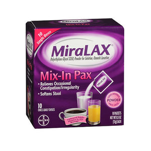 Miralax, Polyethylene Glycol 3350 Osmotic Laxative Mix-In Pax Powder Unflavored, 10 Count
