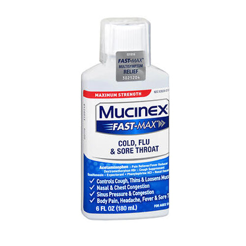 Mucinex, Fast Max Cold Flu & Sore Throat Liquid Maximum Strength, 6 oz