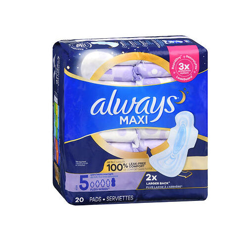Always Discreet, Maxi Pads Size 5 Extra Heavy Overnight With Flexi-Wings, 20 Count