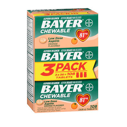 Bayer, Low Dose Aspirin Regimen Pain Reliever Chewable Tablets Orange, 81 Mg, 108 Count