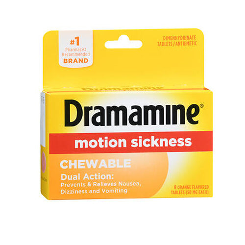 Dramamine, Motion Sickness Dimenhydrinate Antiemetic Dual Action Chewable Tablets Orange, 50 Mg, 8 Tabs