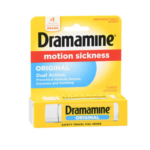 Dramamine, Motion Sickness Dimenhydrinate Antiemetic Dual Action Tablets Original, 50 Mg, 12 Tabs