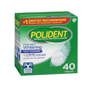 Polident, Overnight Whitening Antibacterial Denture Cleanser, 40 Tabs