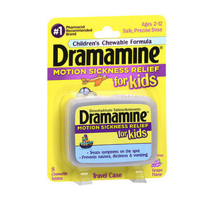 Dramamine, Motion Sickness Dimenhydrinate Chewable Tablets For Kids Grape, 25 Mg, 8 Tabs