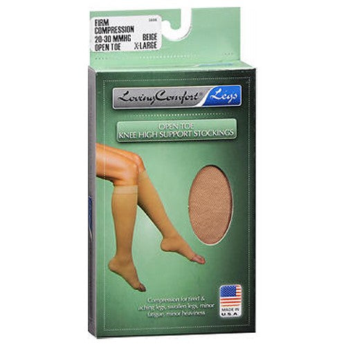 Loving Comfort, Knee High Support Stockings Firm Compression Open Toe X-Large Beige, 1 Pair