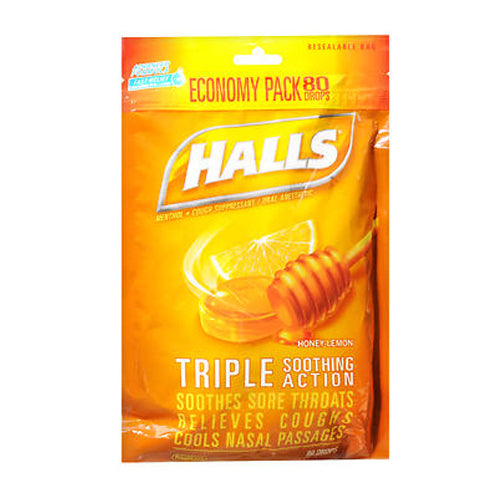 Halls, Cough And Throat Relief Menthol Drops Honey Lemon, 80 Count