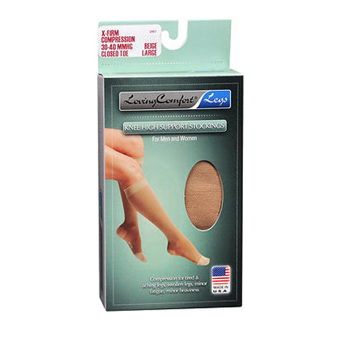 Loving Comfort, Knee High Support Stockings X-Firm Compression Closed Toe Large Beige, 1 Pair