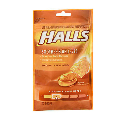 Halls, Soothe Menthol Cough Suppressant Oral Anesthetic Drops Honey, 30 Each