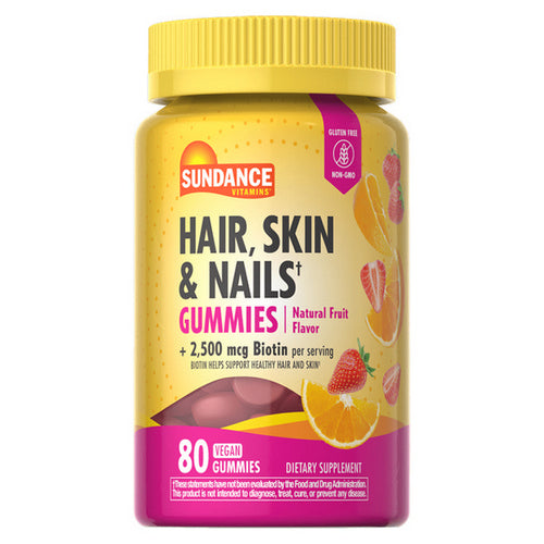 Sundance, Hair Skin And Nails Plus Biotin Vegan Gummies Natural Fruit, 2500 Mcg, 80 Tabs
