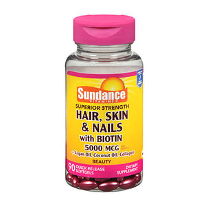 Sundance, Hair Skin And Nails Plus Biotin Quick Release Softgels, 5000 mcg, 90 Tabs