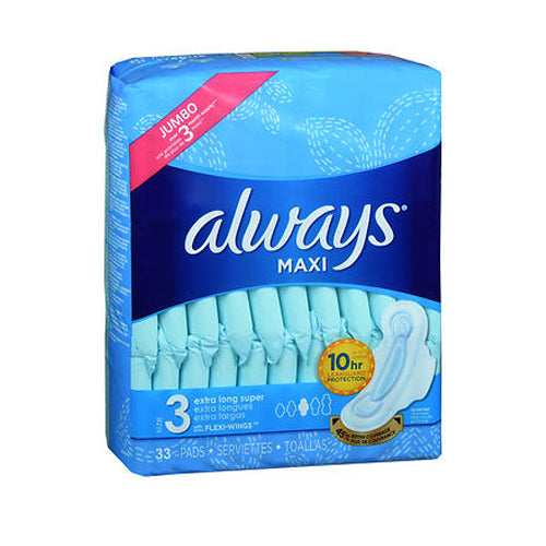 Always Discreet, Maxi Size 3 Feminine Pads With Wings Extra Long Super Absorbency Unscented, 33 Each