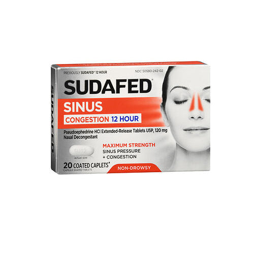 Sudafed Pe, Sinus Congestion Pseudoephedrine Hcl Coated Caplets Maximum Strength 12 Hour, 20 Tabs