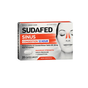 Sudafed Pe, Sinus Congestion Pseudoephedrine Hcl Coated Caplets Maximum Strength 12 Hour, 20 Tabs