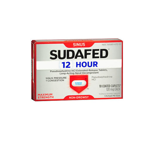 Sudafed Pe, Sinus Congestion Pseudoephedrine Hcl Coated Caplets Maximum Strength 12 Hour, 10 Tabs