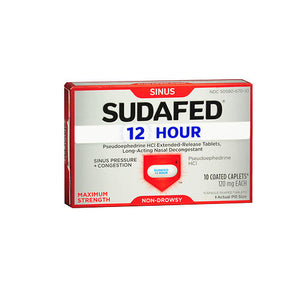 Sudafed Pe, Sinus Congestion Pseudoephedrine Hcl Coated Caplets Maximum Strength 12 Hour, 10 Tabs