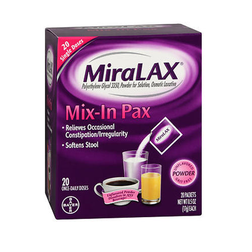 Miralax, Polyethylene Glycol 3350 Osmotic Laxative Mix-In Pax Powder Unflavored, 20 Each