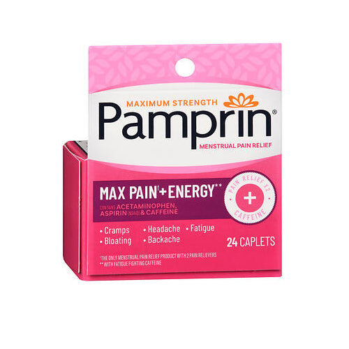 Pamprin, Max Pain Plus Energy Menstrual Pain Relief Caplets, 24 Tabs