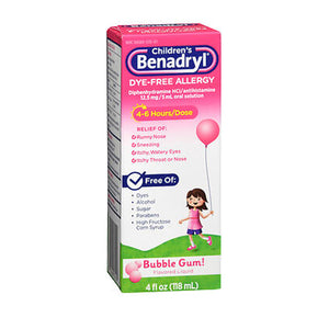 Benadryl, Children'S Dye-Free Diphenhydramine Allergy Liquid Bubble Gum, 4 Oz