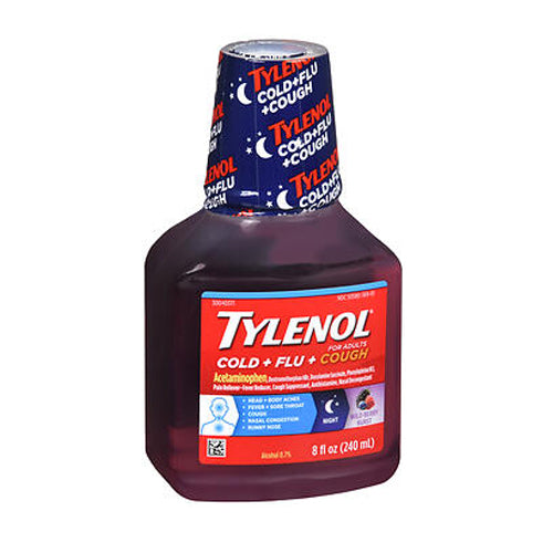 Tylenol, Cold + Flu + Cough Liquid Night Wild Berry Burst, 8 Oz