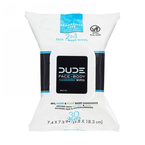 Dude Wipes, Face And Body Wipes For Sensitive Skin Sea Salt And Aloe Unscented, 30 Count