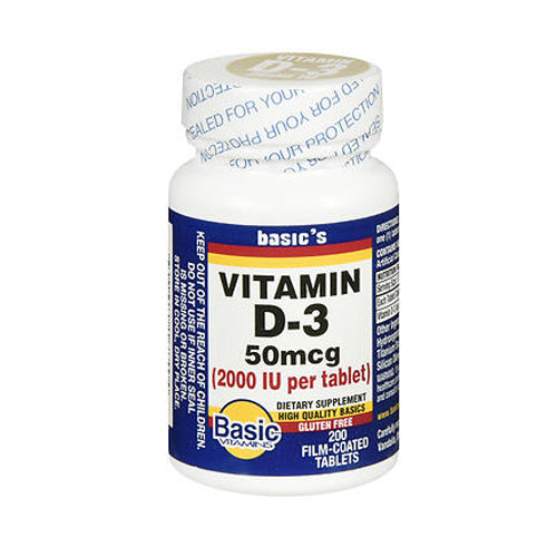 Basic Vitamins, Natural Vitamin D-3, 50 Mcg, 200 Coated Tablets
