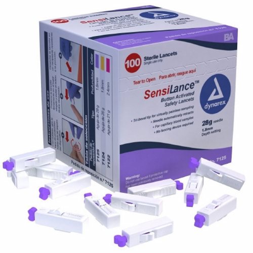 Dynarex, Lancet SensiLance Safety Lancet Needle 1.8 mm Depth 28 Gauge Push Button Activated, Box Of 100