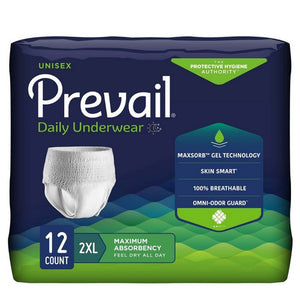 First Quality, Female Adult Absorbent Underwear Prevail  Daily Underwear Pull On with Tear Away Seams 2X-Large Disp, Pack Of 12