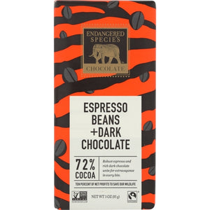Endangered Species, Dark Chocolate Bars Espresso Beans, 3 Oz(Case Of 12)