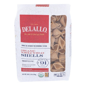 Delallo, Organic Whole Wheat Shells Artisanal No 91 Cut, Case of 8 X 16 Oz