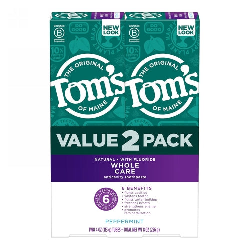 Tom's Of Maine, Whole Care Peppermint Natural Toothpaste With Fluoride, 2 Count / 4 Oz