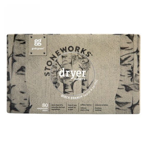 Grab Green, Stoneworks Dryer Sheets Birch Branch, 80 Count