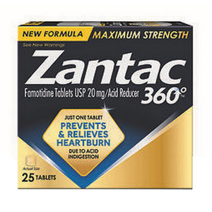 Zantac, 360 Famotidine Usp Acid Reducer Tablets Maximum Strength, 20 mg, 25 Count
