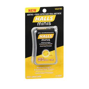 Halls, Minis Cough Suppressant Oral Anesthetic Drops Sugar Free Honey Lemon, 24 Drops