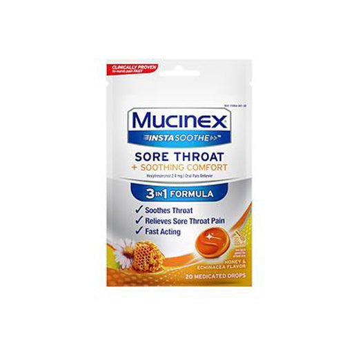 Mucinex, Instasoothe Sore Throat Plus Soothing Comfort Medicated Drops Honey & Echinacea, 20 Drops