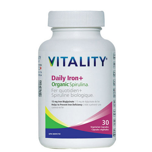 Vitality, Daily Iron Plus Organic Spirulina, 15 Mg, 30 Veg Caps