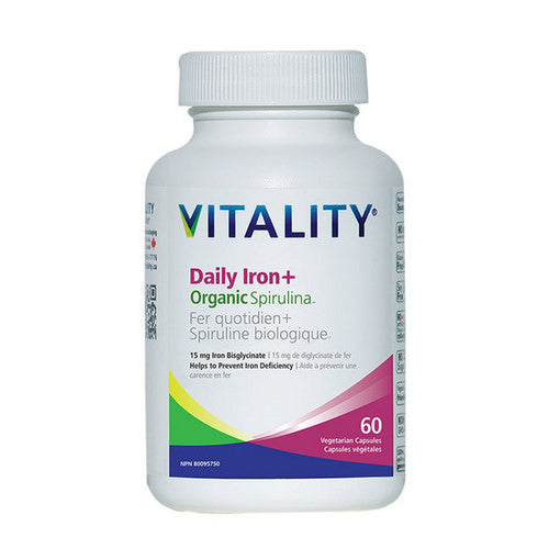 Vitality, Daily Iron Plus Organic Spirulina, 15 Mg, 60 VegCaps