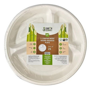 Earth Cleanse, Bagasse 10-Inch 3-Compartment Round Plates, Pack of 25