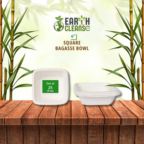 Earth Cleanse, Bagasse 4-Inch Square Bowls, Pack of 25 (6 Oz)