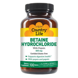 Country Life, Betaine Hydrochloride with Pepsin, 600 MG, 100 Tabs
