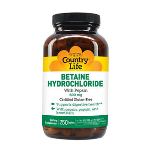 Country Life, Betaine Hydrochloride with Pepsin, 600 MG, 250 Tabs