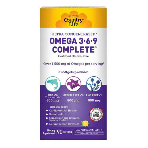 Country Life, Ultra Concentrated Omega 3-6-9 Complete Natural Lemon, 90 Softgel