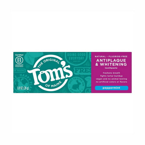Tom's Of Maine, Antiplaque And Whitening Toothpaste Fluoride-Free Peppermint, 1 Oz