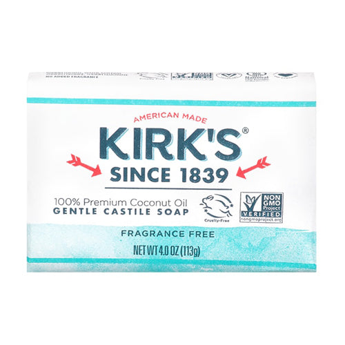 Kirk's Natural Products, Premium Coconut Oil Castile Bar Soap Fragrance Free, 4 Oz