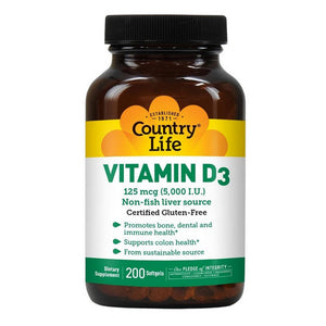 Country Life, Vitamin D3, 125 Mcg, 200 Softgels