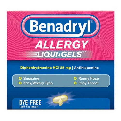 Benadryl, Allergy Diphenhydramine Hcl Antihistamine Liqui-Gels Dye-Free, 25 Mg, 24 Count
